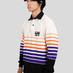 A model wears a long-sleeved, collared rugby shirt featuring orange, purple, and black stripes with the "TIFF" logo printed on the left chest.