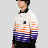 A model wears a long-sleeved, collared rugby shirt featuring orange, purple, and black stripes with the "TIFF" logo printed on the left chest.