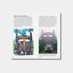 An open book spread shows two pages of text and concept art for the iconic Jurassic Park gates, detailing the creative process of production designer Rick Carter and art director John Bell.