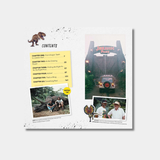 The table of contents page for a "Jurassic Park" book features chapter listings on a yellow background alongside behind-the-scenes photos of the park gates and crew, plus dinosaur illustrations.