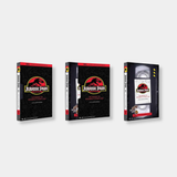 Three views of the "Jurassic Park: The Making of Spielberg's Iconic Film" book showcase its retro VHS-inspired slipcase and classic T-Rex logo.