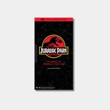 The book cover for "Jurassic Park: The Making of Spielberg's Iconic Film" by James Mottram features the movie's classic T-Rex skeleton logo centered on a black background patterned with subtle dinosaur fossils.