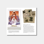 An open book spread shows the iconic "Labyrinth" movie poster on the left page and a collection of vintage newspaper clippings and reviews on the right page under the heading "A Legacy All Its Own."