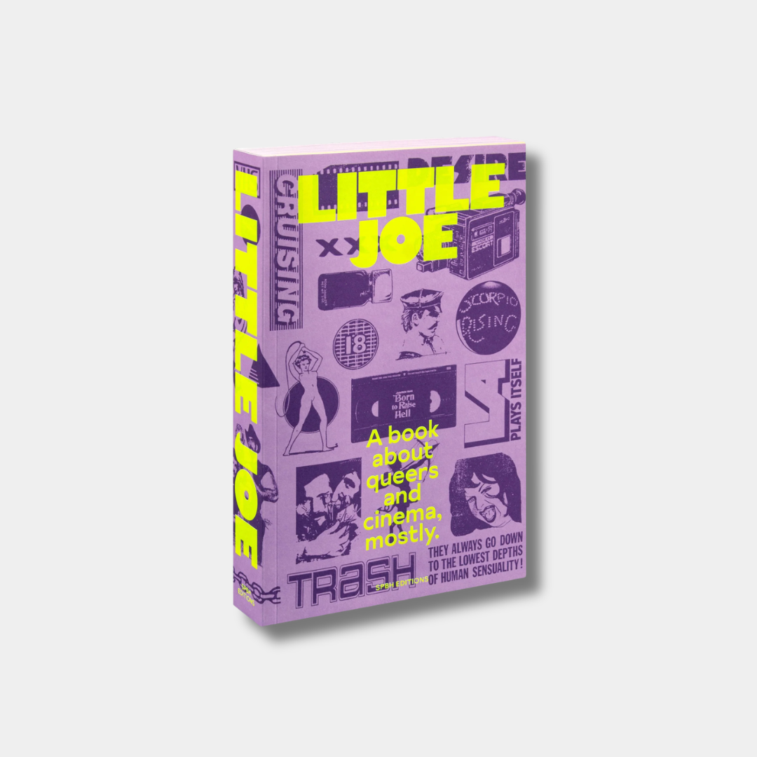 A 3D render of the book "Little Joe: A Book about queers and cinema, mostly," featuring a lavender cover with bright yellow typography and retro cinematic illustrations.