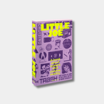 A 3D render of the book "Little Joe: A Book about queers and cinema, mostly," featuring a lavender cover with bright yellow typography and retro cinematic illustrations.
