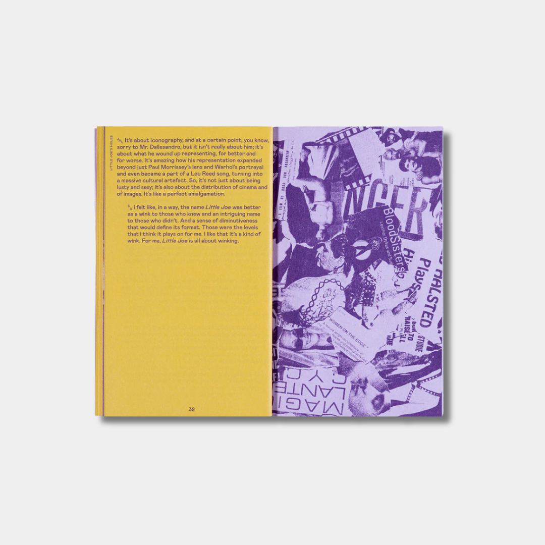 An open spread from the book "Little Joe," featuring a bright yellow page with purple text on the left and a full-bleed purple collage of vintage film imagery on the right.