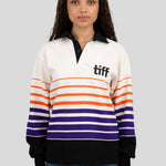 A model wears a long-sleeved, collared rugby shirt featuring orange, purple, and black stripes with the "TIFF" logo printed on the left chest.