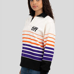 A model wears a long-sleeved, collared rugby shirt featuring orange, purple, and black stripes with the "TIFF" logo printed on the left chest.