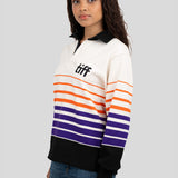 A model wears a long-sleeved, collared rugby shirt featuring orange, purple, and black stripes with the "TIFF" logo printed on the left chest.