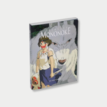An angled studio shot of the "Princess Mononoke: 30 Postcards" collectible box, featuring San and the wolf god Moro on the cover against a light grey background.