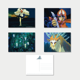 Four colorful Princess Mononoke postcards showcasing various characters and scenes from the film are displayed alongside a single blank back of a postcard.