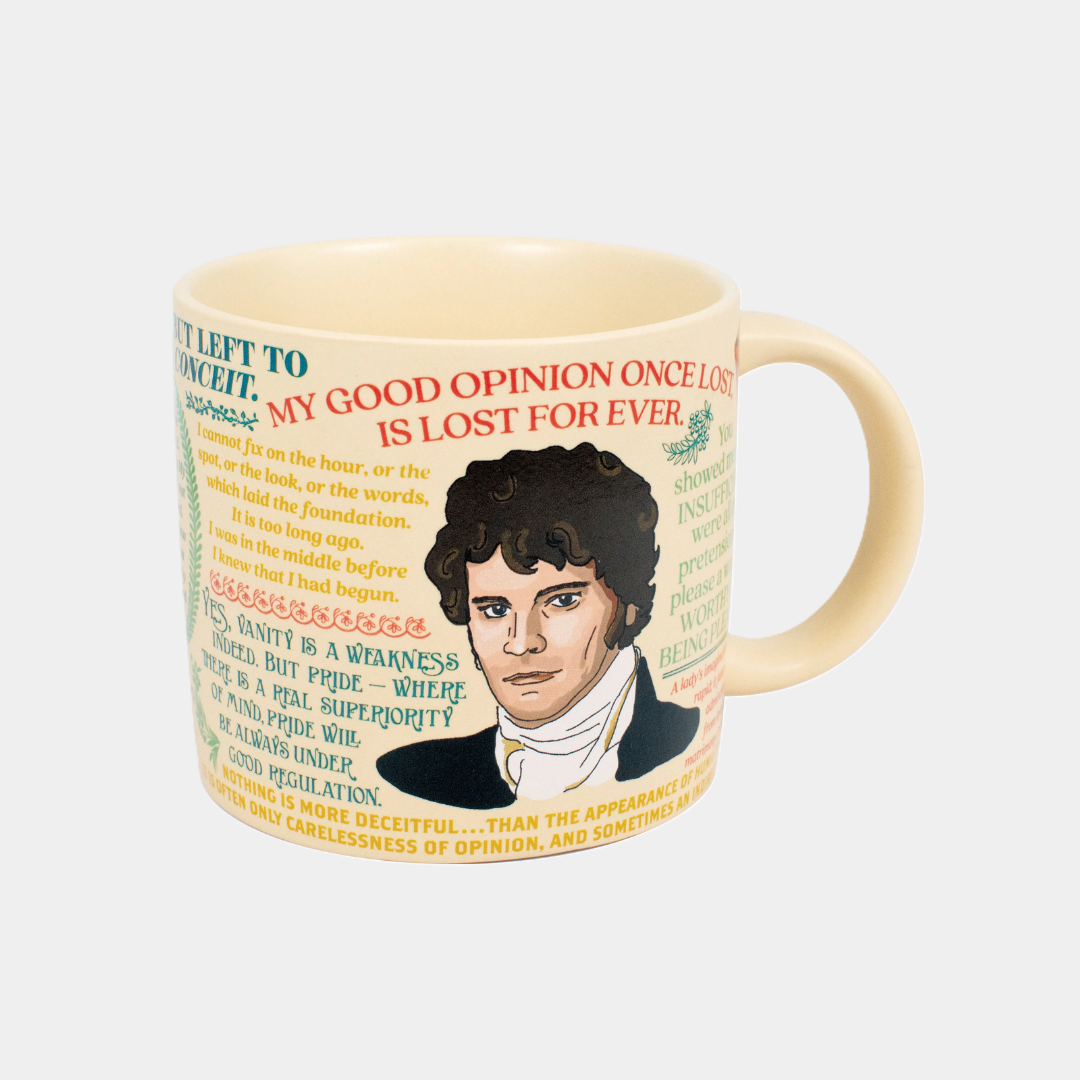 Ceramic mug featuring an illustrated portrait of Mr. Darcy, surrounded by colorful quotes from Pride and Prejudice in decorative fonts.