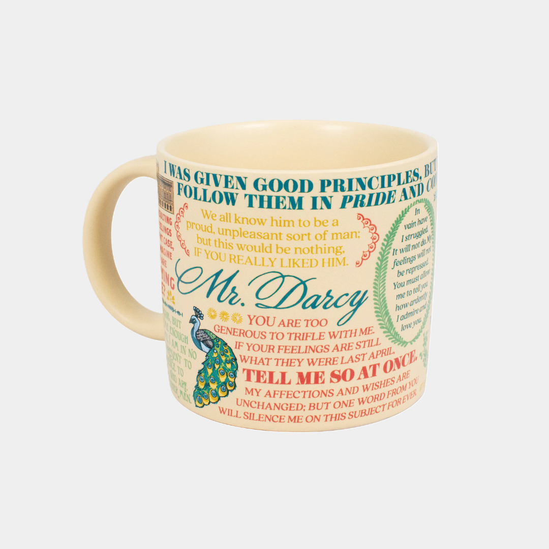 Ceramic mug featuring an illustrated peacock, surrounded by colorful quotes from Pride and Prejudice in decorative fonts.