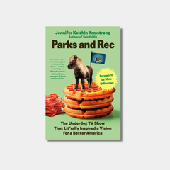 A green background featuring a miniature horse standing on a stack of waffles next to a plate of bacon surrounded by black text with book title and information.
