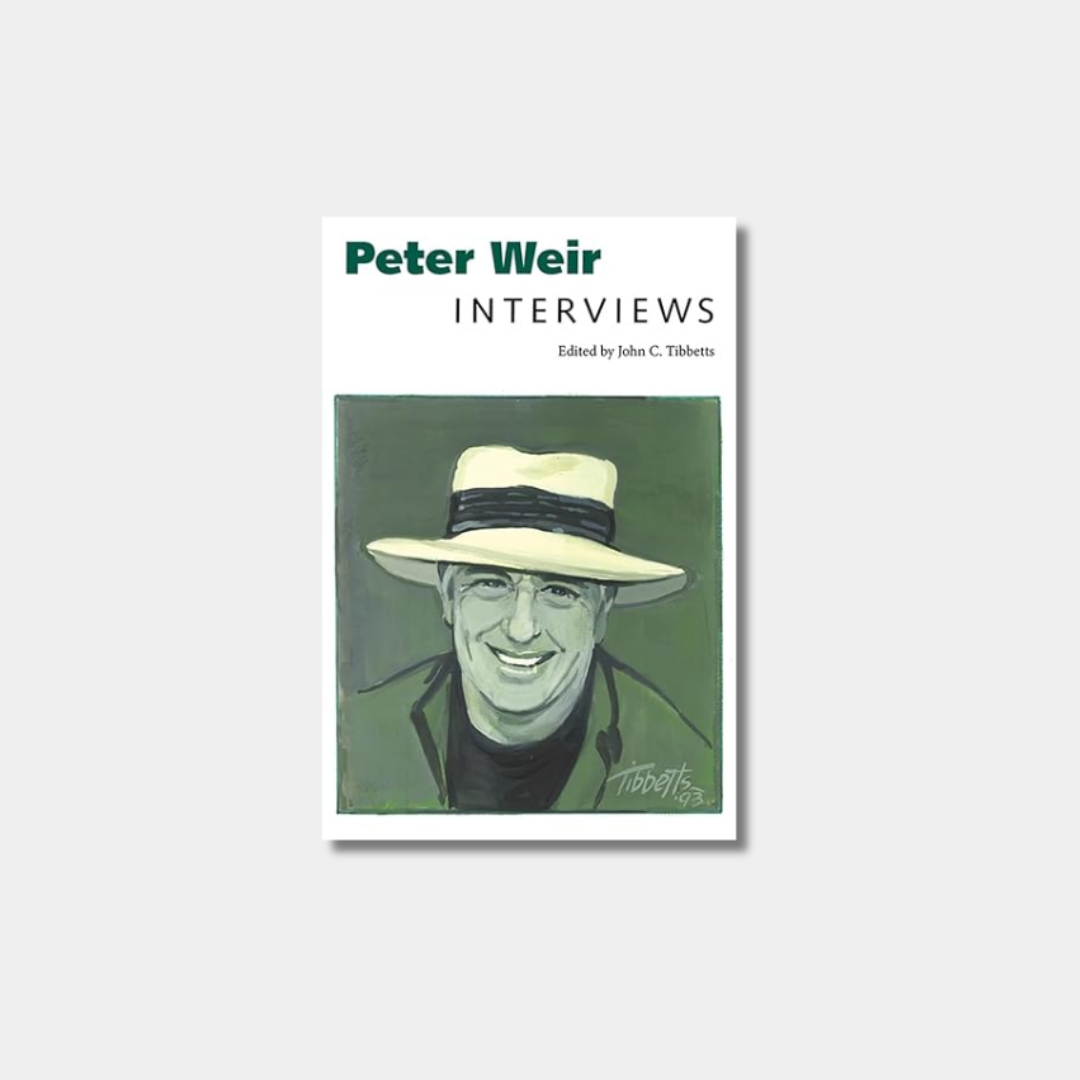 A book cover for "Peter Weir: Interviews," featuring a stylized green illustration of director Peter Weir wearing a wide-brimmed hat, set against a dark green background.