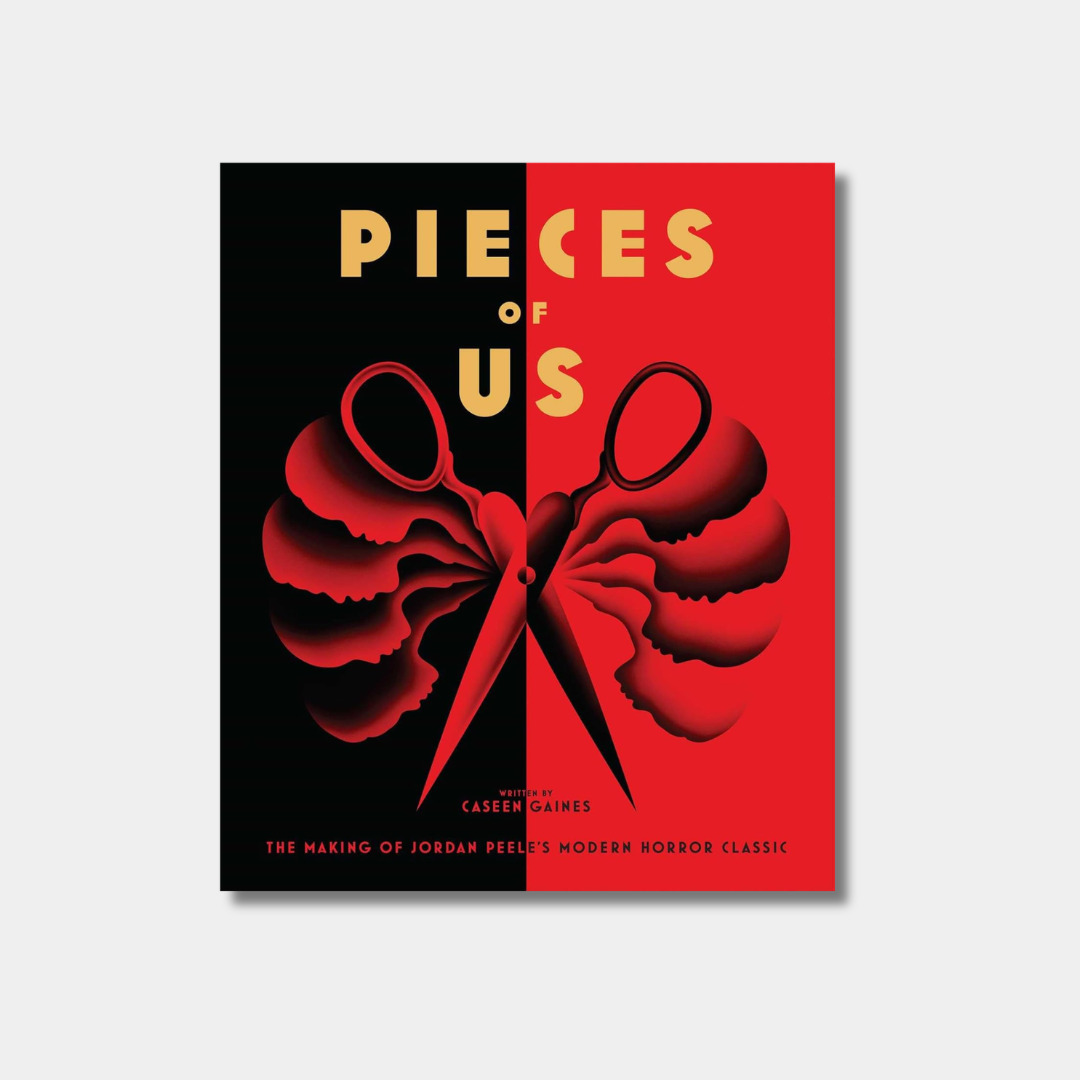 The book cover for "Pieces of Us" by Caseen Gaines features a central illustration of red scissors with handles shaped like human silhouettes, set against a split black and red background.