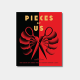 The book cover for "Pieces of Us" by Caseen Gaines features a central illustration of red scissors with handles shaped like human silhouettes, set against a split black and red background.