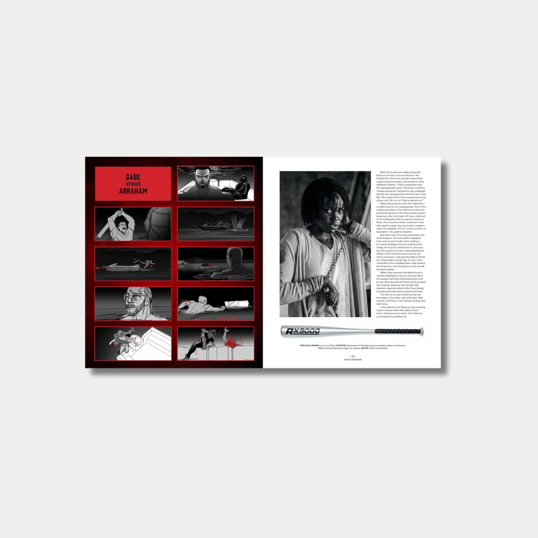 An open book spread for "Us" features a red page with a "Gabe Versus Abraham" storyboard sequence on the left and a black-and-white photo of Lupita Nyong'o alongside a baseball bat on the right.