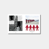 An open book spread shows two black-and-white film stills of characters in a car on the left page and a color photograph of a line of people in red jumpsuits next to a paper doll chain on the right page.