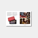 An open book spread displays a page of text with a photo of a childhood memory box on the left, and two film stills of a young girl on the right, under the title "Three Pointing Back At You."