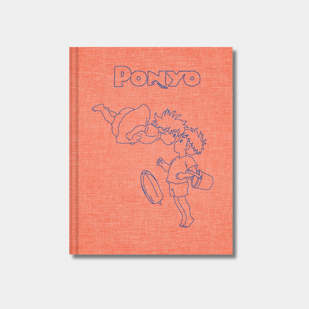 The cover of a "Ponyo" sketchbook features a textured orange background with blue line-art depicting Ponyo and Sōsuke face-to-face, set beneath the film's title in a matching blue outline font.