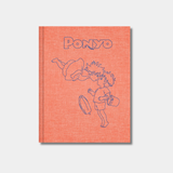 The cover of a "Ponyo" sketchbook features a textured orange background with blue line-art depicting Ponyo and Sōsuke face-to-face, set beneath the film's title in a matching blue outline font.