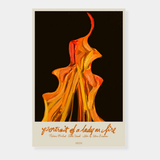 A minimalist movie poster for "Portrait of a Lady on Fire" features a thick, textured impasto painting of a flame in vibrant orange and yellow hues against a solid black background.