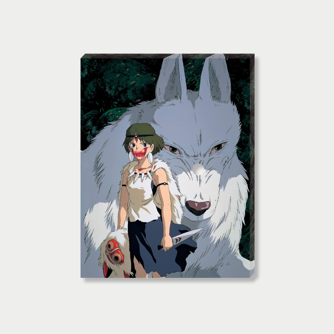 Art print puzzle of Princess Mononoke standing with Moro the wolf god.