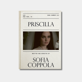The book cover for "Priscilla," written and directed by Sofia Coppola, features a minimalist white design with a central film still of actress Cailee Spaeny in a wedding veil.