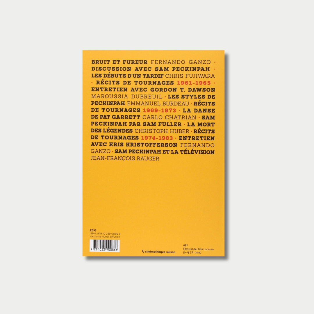 The back cover of a yellow book features an extensive French table of contents or index printed in bold black and red text, and logos for the "cinémathèque suisse" and the "68° Festival del film Locarno" at the bottom.