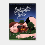 An illustrated movie poster for "Sentimental Value," a film by Joachim Trier, depicts a giant woman lying in a lush, starry landscape behind a small, glowing red house where a tiny figure sits on the lawn.
