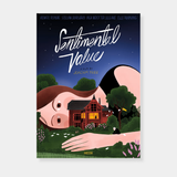 An illustrated movie poster for "Sentimental Value," a film by Joachim Trier, depicts a giant woman lying in a lush, starry landscape behind a small, glowing red house where a tiny figure sits on the lawn.