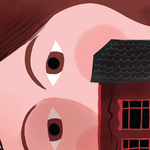 A close-up illustration highlights the large, expressive eyes of a woman looking past the corner of a dark, cracked house with glowing windows.