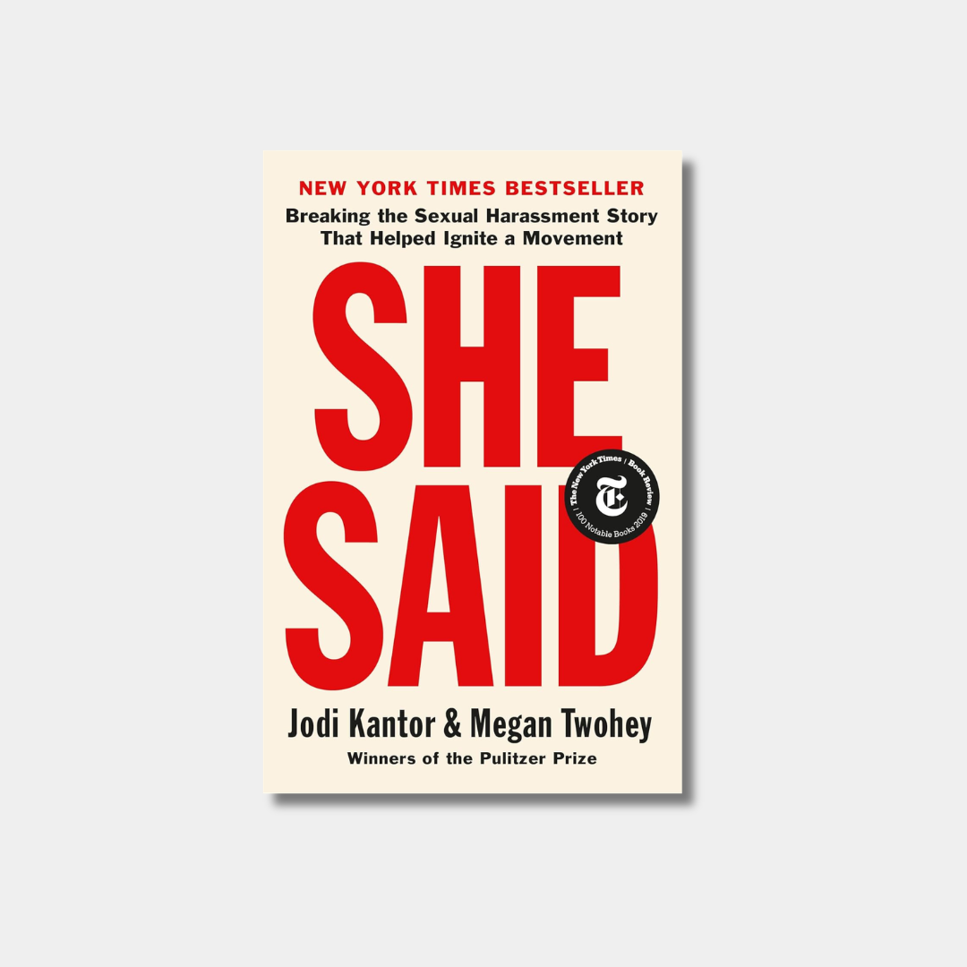 The cover of the book She Said by Jodi Kantor and Megan Twohey features the title in large, bold red letters on a cream-colored background.