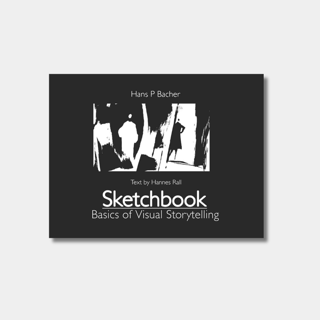 The book cover for "Sketchbook: Basics of Visual Storytelling" by Hans P. Bacher features a black background with a stark, high-contrast white ink illustration of silhouettes in a doorway above the title and author credits.