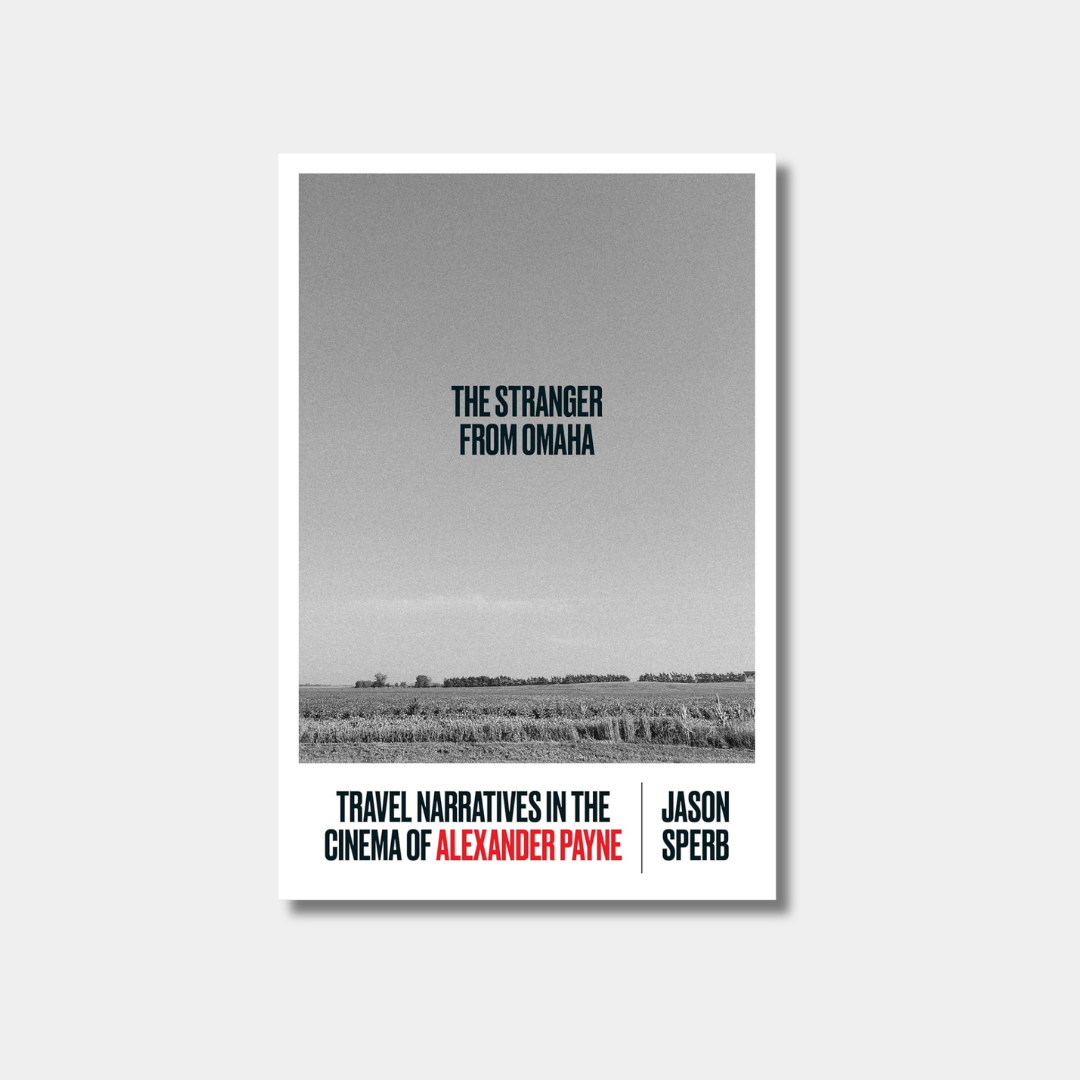 The book cover for "The Stranger from Omaha"  features a minimalist black-and-white landscape of an open field under a vast sky.