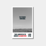 The book cover for "The Stranger from Omaha"  features a minimalist black-and-white landscape of an open field under a vast sky.