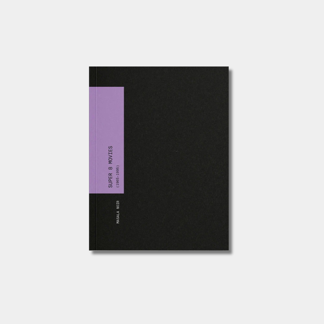A minimalist book cover for "Super 8 Movies (1965-1995)" featuring a solid black background with a purple vertical band on the left containing the title.