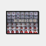 This is the book cover for "This Sweater Is For You!" featuring a grid of storyboard illustrations showing the progression of a boy putting on a red and blue hockey jersey.