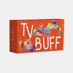 An orange box for the trivia game "TV BUFF" featuring colorful illustrations of people on a television production set.