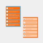Two trivia cards from the "TV BUFF" game, with one showing six questions on a blue background and the other showing their corresponding answers on an orange background.