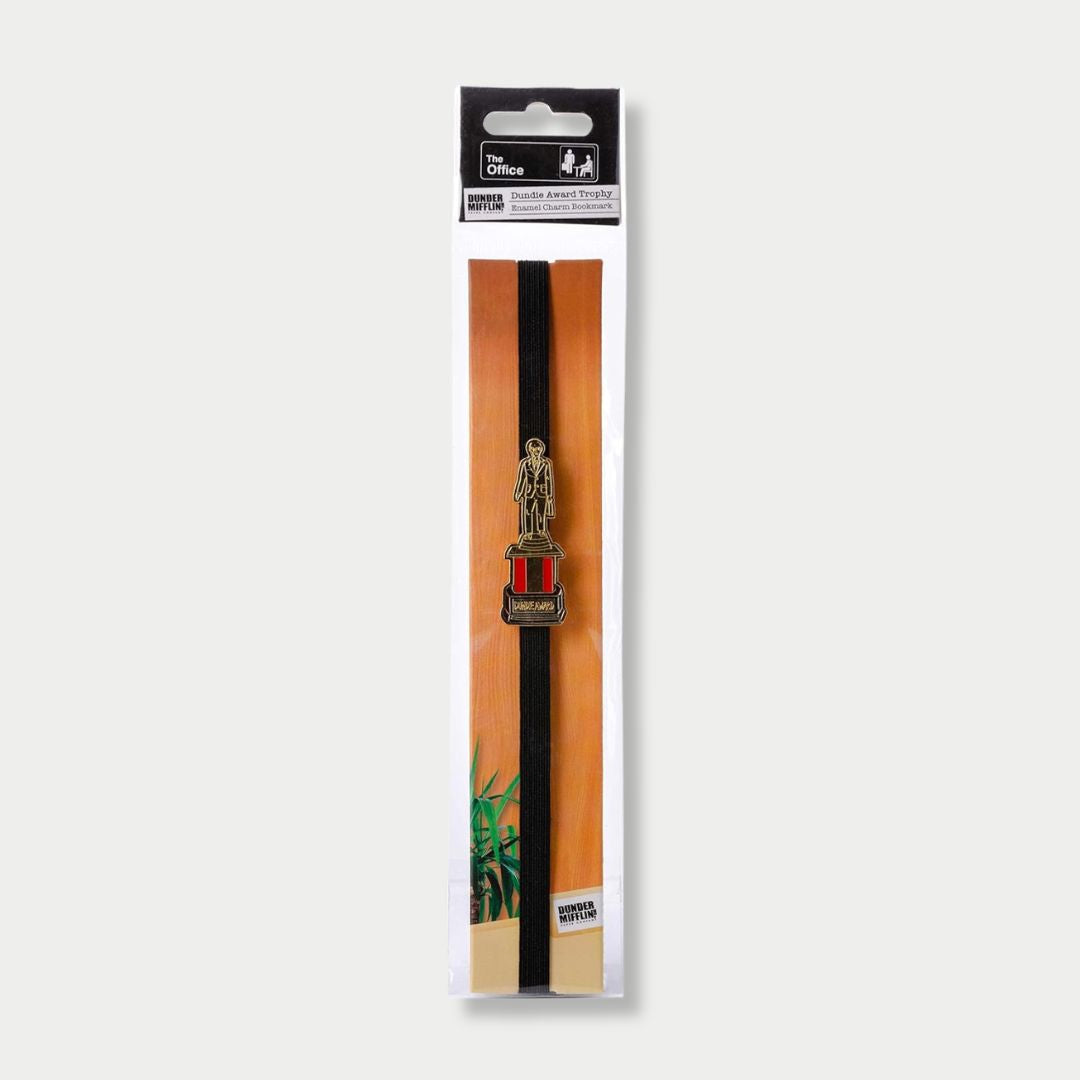 "The Office" elastic band bookmark packaged on a cardboard backing featuring a Dundie Award trophy enamel charm.