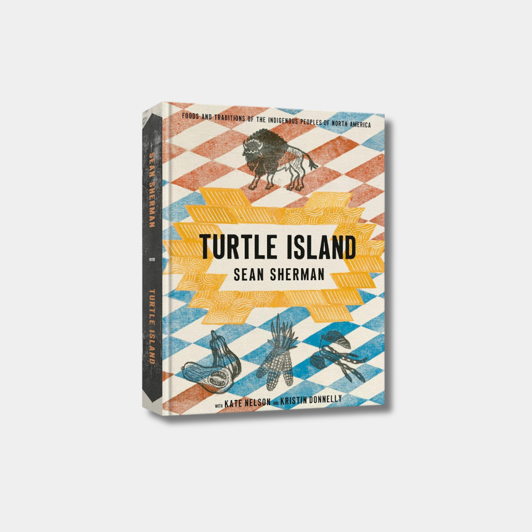 The book cover for "Turtle Island" by Sean Sherman features a patterned background with illustrations of a bison and various plants, accompanied by the subtitle "Foods and Traditions of the Indigenous Peoples of North America."