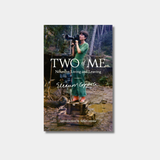 The cover of the book "Two of Me: Notes on Living and Leaving" features a vintage photo of Eleanor Coppola standing on a film set in a long green dress, holding a large movie camera.