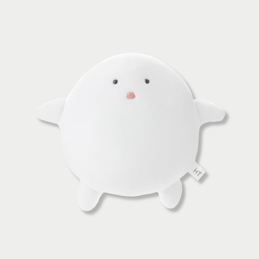 A round, white plush toy of a Warawara character featuring tiny stubby arms and legs, small black bead eyes, and a stitched pink mouth.