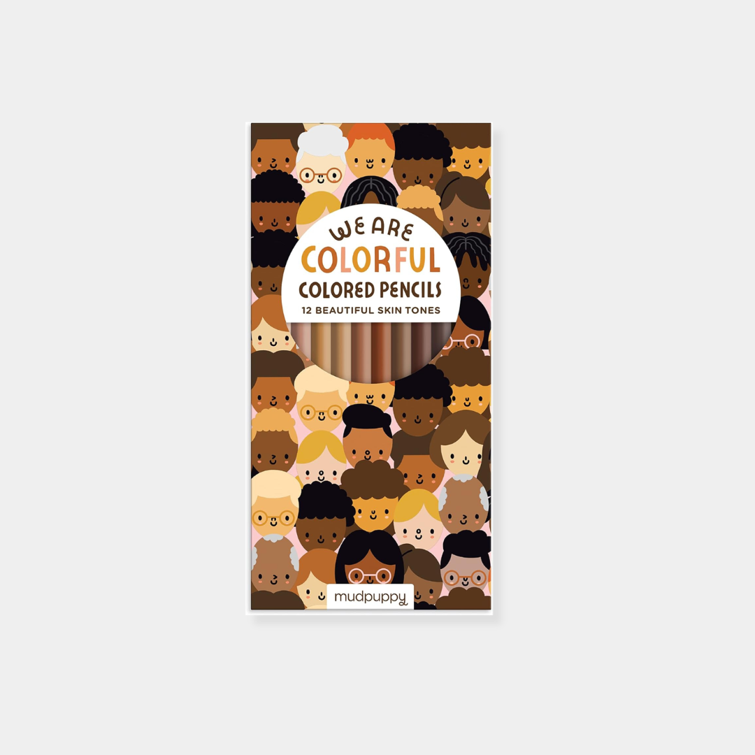 A box of 12 Mudpuppy "We Are Colorful" skin tone colored pencils featuring a cover with diverse illustrated faces.