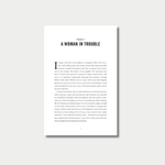 An open book spread displaying two pages of text from Chapter 1, titled "A Woman in Trouble," featuring a large drop cap at the beginning of the chapter on the left page.