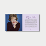 Open book spreads from a biography of Betty White, showcasing vintage photographs and iconic production stills from The Golden Girls alongside inspirational quotes and biographical text on light purple pages.