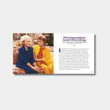 Open book spreads from a biography of Betty White, showcasing vintage photographs and iconic production stills from The Golden Girls alongside inspirational quotes and biographical text on light purple pages.