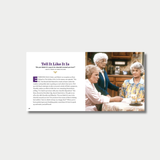 Open book spreads from a biography of Betty White, showcasing vintage photographs and iconic production stills from The Golden Girls alongside inspirational quotes and biographical text on light purple pages.